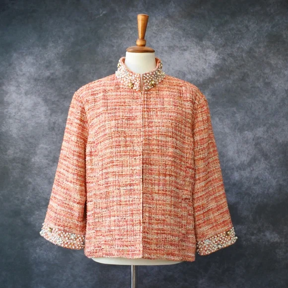 NWT Chico's Tweed Orange Boucle Pearl Sequin Collar Jacket Size 3 US Size L